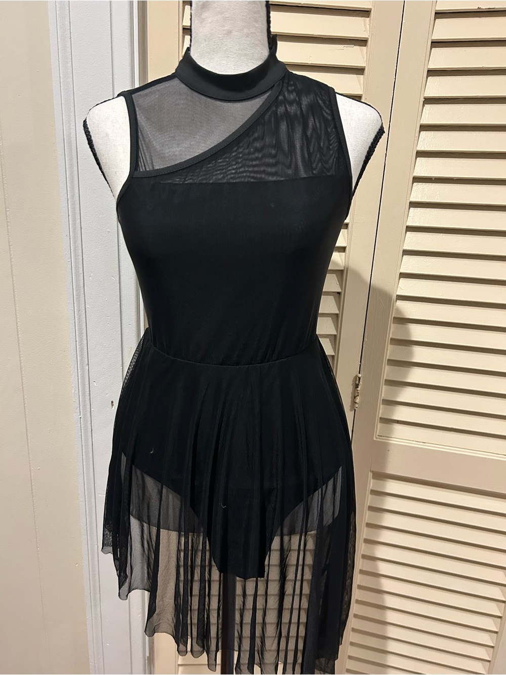 Asymmetric Black Mesh Overlay Dance Dress with High Neck